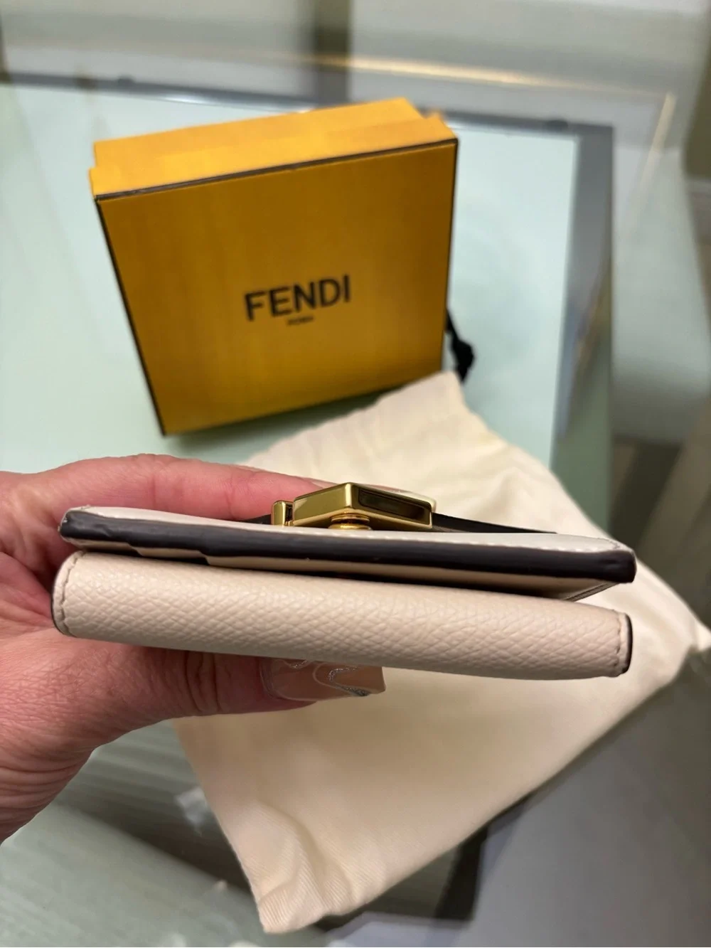 Authentic Fendi Tri-fold light pink and Cream Leather Wallet with Gold FF Logo